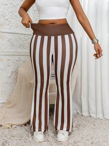 Plus Size Women's Wide Leg Striped Print Casual Pants, Long Length - Brown - View 3