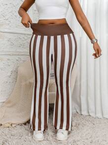 Plus Size Women's Wide Leg Striped Print Casual Pants, Long Length