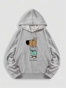 休闲抽象小狗图案印花运动衫，轻松随性的卡通狗图案标语印花，超大宽松套头连帽衫，透气长袖街头服饰上衣，男女通用休闲家居服 - 查看 1