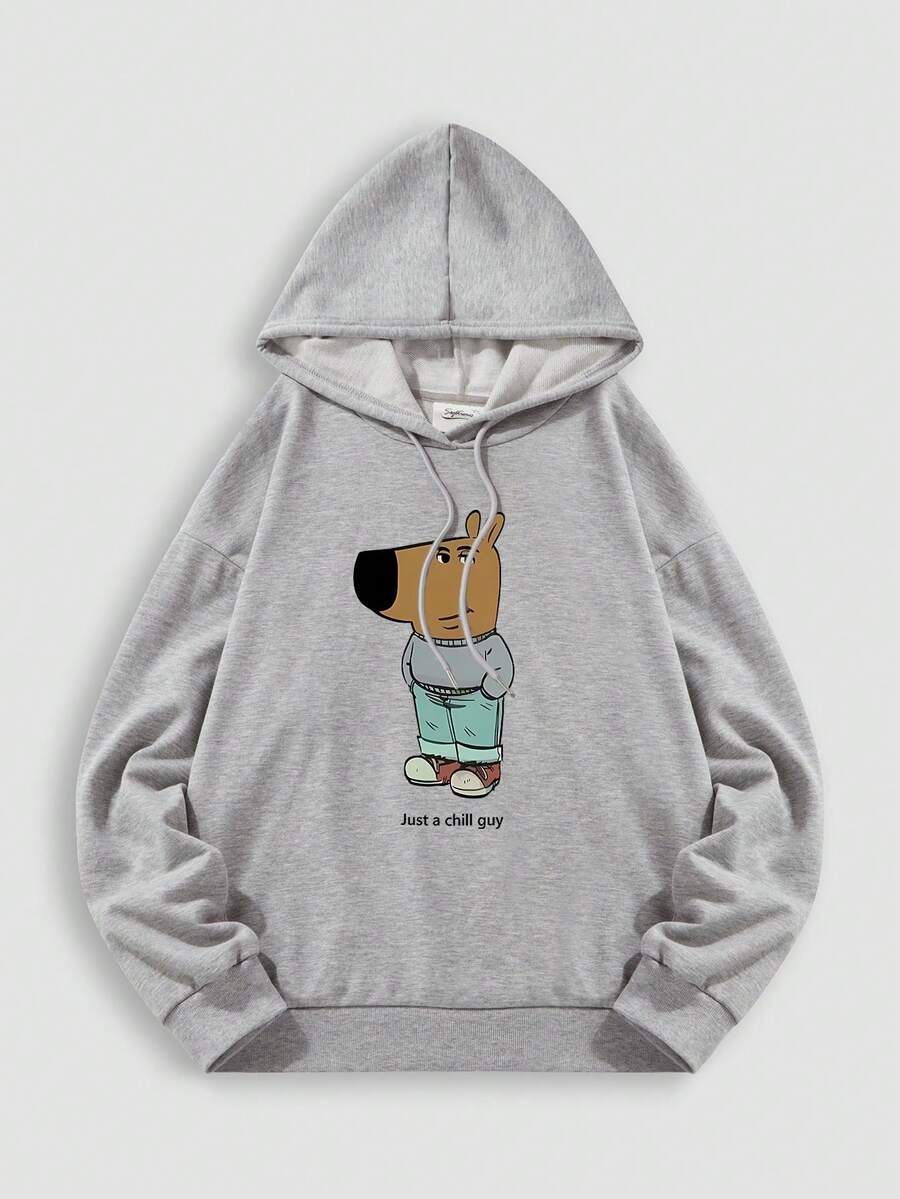 休闲抽象小狗图案印花运动衫，轻松随性的卡通狗图案标语印花，超大宽松套头连帽衫，透气长袖街头服饰上衣，男女通用休闲家居服 - 查看 1