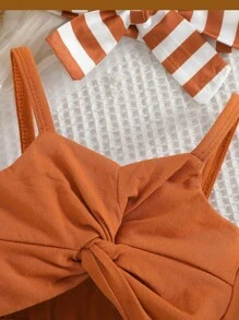 3 件套女婴夏季假期休闲扭纹背心、条纹荷叶边短裤和头带、沙滩游玩装 - 駝色 - 查看 4