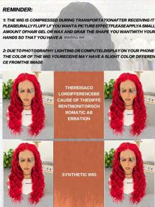 websterwigs 13 英寸 X 4 英寸短款蕾丝前部合成假发，24 英寸红色蕾丝前部假发，预拔发际线，耐热纤维发，丝滑直发假发，适合女性、角色扮演、派对、日常穿着 - 紅色 - 查看 11