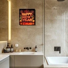 Wrapped Framed Canvas Vintage Wall Art Print Neon "Happy New Year" Sign - Artful Home Decor For Living Room, Bedroom, Bathroom, Office