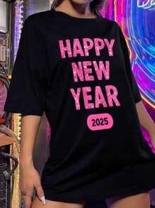 Happy New Year 2025 Women's Casual Women T-Women's Shirt - Short Sleeve Crew Neck With Geometric Print For Celebrating The New Year