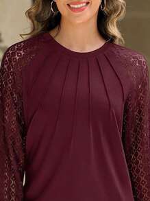 Women's Long-Sleeved Shirt Hollow Lace Round Neck Blouse Business Casual Tees - 酒紅色 - 查看 4