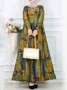Women's Long Sleeve Loose Geometric Patterns Print Modest Abaya Dress Spring - Multicolor - View 1