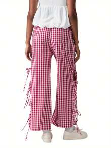 Women Y2K Wide Leg Gingham Pants Elastic High Waist Side Tie Loose Fit Plaid Trouser Lounge Pants
