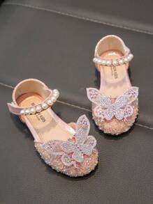 Kids Flat Shoes With Cute Sparkling Butterfly Rhinestones - Pink - View 2