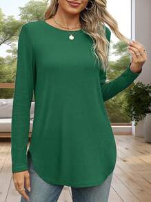 Women's Solid Color Crew Neck Shirt With Side Split Long Sleeve Casual Basic Top - 綠色 - 查看 1