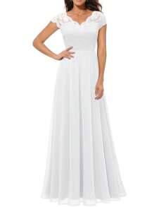 Women's Elegant Long Evening Dress, Solid Color Lace Patchwork Backless V Neck Party Dress - trắng - Xem 3