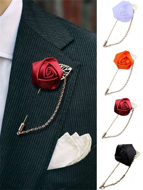 1pc Vintage Polyester Gold Leaf Rose Brooch With Chain, Tie Pin School