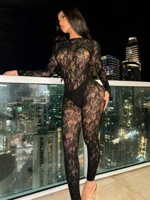 Women Long Sleeve Hollow Out High Stretch Lace Party Baddie Night Out Jumpsuit - màu đen - Xem 7