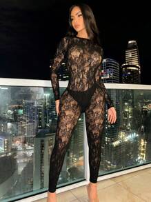 Women Long Sleeve Hollow Out High Stretch Lace Party Baddie Night Out Jumpsuit - màu đen - Xem 8