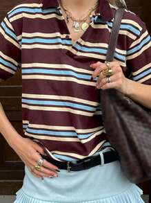 Women Summer Basic T-Shirt Casual Striped Print Lapel Short Sleeve Tops For Streetwear Aesthetic Grunge Clothes - 咖啡色 - 查看 5