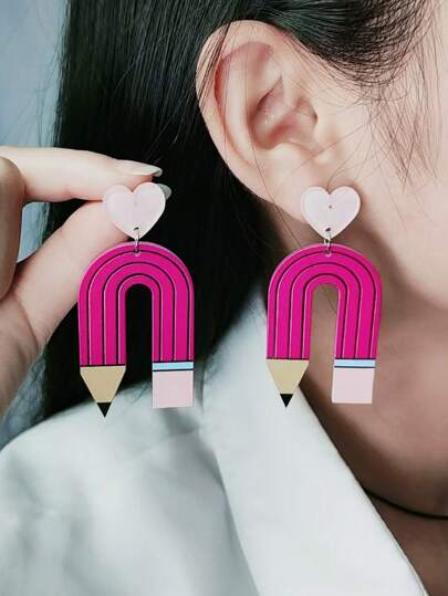 1 Pair Colorful U-Shaped Pencil Design Acrylic Print Earrings, Back To School/Teacher's Day Gift For Women