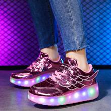 儿童休闲直排轮滑鞋，亮紫红色皮革和网眼鞋面，2 个可伸缩轮子，带 LED 灯，可充电 - 高度安全，适合儿童休闲滑冰