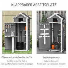 Outsunny Outsunny Gartenschrank Holz Gerätehaus mit Tür Dach Geräteschuppen mit Hacken Gartenlagerschrank  faltbarer Tisch Outdoor Grau 78 x 52,5 x 182 cm