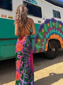 Women Summer Casual Long Dress Tie-Dye Print U-Neck Sleeveless Dress Fashion Cross Backless Dress - Green - View 3