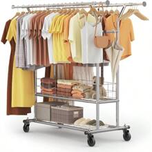 HOKEEPER Heavy-Duty Clothes Rack On Wheels Double Clothes Rail Can Hold Up To 283 Kg Industrial Design Coat Rack With Shelf And Laundry Basket Extendable Length And Height - DoubleChromeWithShelf1 - View 1