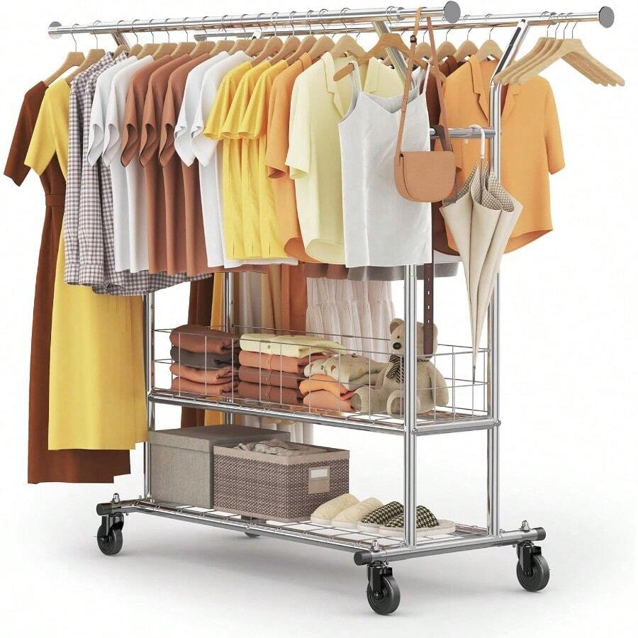 HOKEEPER Heavy-Duty Clothes Rack On Wheels Double Clothes Rail Can Hold Up To 283 Kg Industrial Design Coat Rack With Shelf And Laundry Basket Extendable Length And Height - DoubleChromeWithShelf1 - View 1