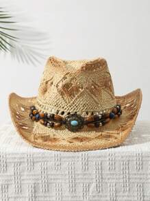 1Pcs Unisex Bead Decor Dyeing Wide Brim Printed Cowgirl Hat Summer Travel Shade Cowboy Hat Hollow Breathable With Beaded Trim Band Hand Woven Beach Hat Sun Hat Straw Hat - 米色 - 查看 2