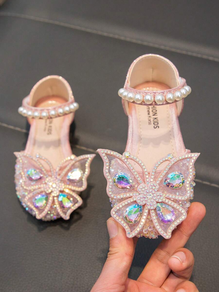 Kids' Flat Shoes With Rhinestones, Cute Butterfly Design, Sparkly - Pink - View 1