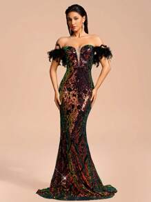 Elegant Sequin Embroidered Off-The-Shoulder Long Dress With Artificial Feather Sleeves, Suitable For Parties, Banquets And Formal Occasions - Multicolor - View 1