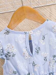 Baby Girl Spring Blue Round Neck Backside Button Cap Sleeve Floral All-Over Print Dress - Blue - View 6