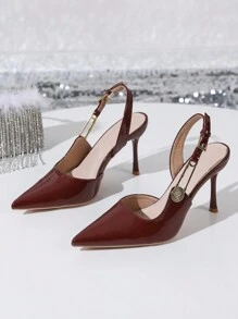 Women's Lacquered Leather Rabbit Fur Blend Glass Rhinestone Decor Vintage High Heel D'Orsay Pumps, Elegant For Spring & Autumn - Burgundy - View 2