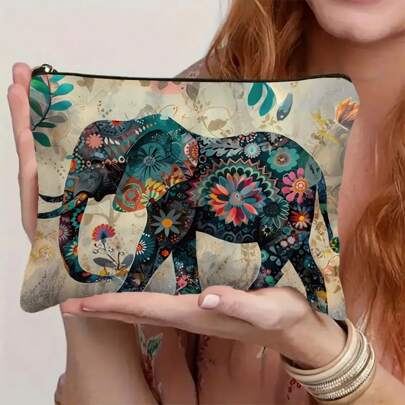 1/3 PCS, Bohemian Style Elephant Canvas Cosmetic Bag With Zipper - Lightweight Foldable Travel Cosmetic Bag And Women's Toiletry Storage Bag - Perfect Gift For Friends And Teachers,Makeup Bag,Travel Essential
