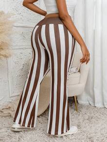 Plus Size Women's Wide Leg Striped Print Casual Pants, Long Length - Brown - View 8
