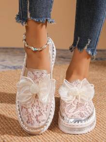 Women's Elegant Spring/Summer Mesh Breathable Handmade Casual Sneakers, Handwoven Floral Decor Round Toe Design Flat, Suitable For Vacation, Party, Apartment Comfortable Shoes, Beige Color Beach Wedding Fashion Slip-On Shoes, Autumn - Beige - View 2