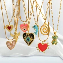 1pc Personalized Necklace With Demon Eye, Sunflower, Bee, Angel Pendant, Orange "Lucky" Golden Heart Pendant, Cross Pendant, Stainless Steel Jewelry For Women