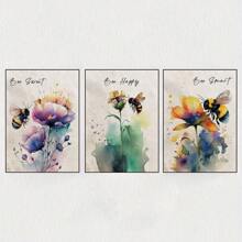 3 Pieces/Set, Watercolor Bee And Flower Canvas Print, Vintage Inspirational Decorative Posters , Botanical And Animals Wall Arts ,High Quality Creative Home Decoration, Creative Ideal Gift, Suitable For Living Room, Dining Room, Office And Bedroom, Unframed Gifts Birthday Graduation