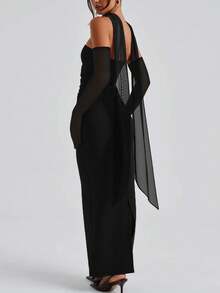 女士褶皱后开衩抹胸长裙配手套紧身性感优雅派对鸡尾酒会礼服 - 黑色 - 查看 6