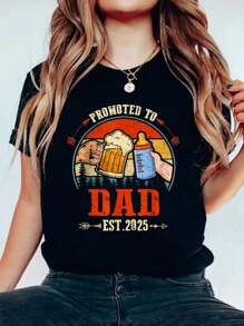 Promoted To Dad 2025 Funny Shirt For New Dad T-Shirt Print Cotton T-Shirt For Summer, Women's Soft Short Sleeve Top, Stylish Comfy Tee For Women Graphic Tees - 黑色 - 查看 1