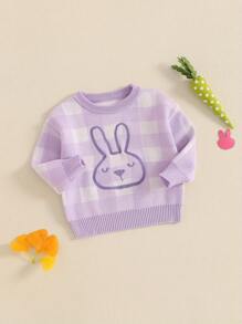 Toddler Bunny Pattern Sweaters Checkered Easter Long Sleeve Round Neck Ribbed Knit Jumper Tops - Purple - View 2