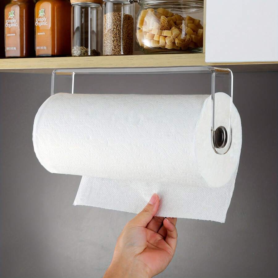 1pc Self-Adhesive Kitchen Paper Towel Holder, Wall-Mounted Paper Towel Rack, Easy To Install, Space-Saving Design - Transparent - View 1
