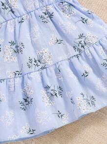 Baby Girl Spring Blue Round Neck Backside Button Cap Sleeve Floral All-Over Print Dress - Blue - View 5