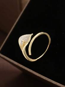 1 件 S925 纯银全密镶叶形开口设计戒指，优雅时尚，高品质专属女士礼物 - 金色 - 查看 4