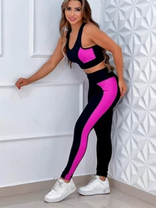 Fitness Set Top + Black Pants With Colorful Side Detail 3D Style - Màu Hồng Tươi - Xem 4