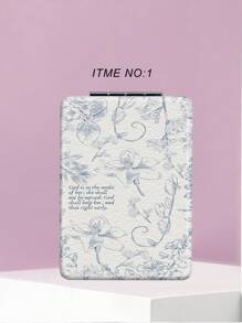 1pc Retro Floral Inspirational Quote Series Compact Folding Makeup Mirror, Ultra-Thin Portable Hand Mirror, PU Leather Case, Stainless Steel Metal, Vacuum Plating, Suitable For All Occasions And People, Foldable Square Shape For Carrying Convenience