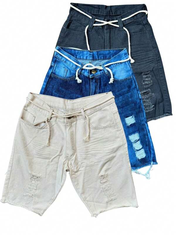 kit 03 bermuda jeans rasgada  masculina cordão amarração 36 ao 48 cores variadas verão