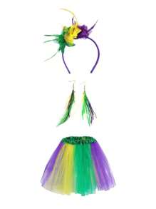 3pcs/2pcs/1pc/Set Carnival Selling Three-Color Floral Tulle Dress Sequin Skirt Earrings Feather Headband Party Set Halloween - Multicolor - View 6