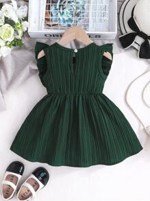 女婴可爱刺绣荷叶边休闲节日连衣裙，英伦风格夏季 - 墨綠色 - 查看 2