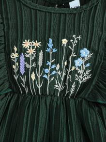 女婴可爱刺绣荷叶边休闲节日连衣裙，英伦风格夏季 - 墨綠色 - 查看 4