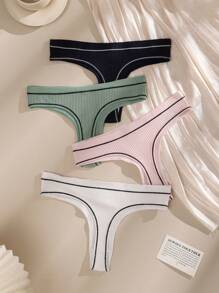 4 件装 女士字母腰带丁字裤内裤，透气裆部性感提拉三角内裤 - 彩色 - 查看 2
