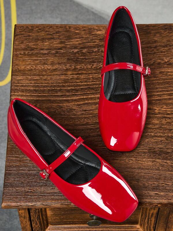 Women's Fashion Square Toe Slip-On Black Shoes, Office Casual Daily Wear Outdoor High-End Flat Mary Jane Ballet Flats, Versatile For Spring/Summer, Party, Wedding, Red Color