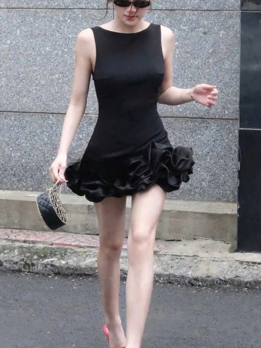 女款優雅無袖迷你洋裝,夏季新款休閒通勤日常穿著,黑色 - 黑色 - 查看 1