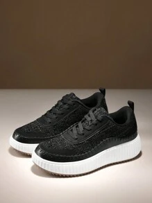 Women Platform Casual Sneakers Thick-Sole Woven Style Fashion Comfortable Wedge Sneakers Autumn Winter Outdoor Sport Shoes - màu đen - Xem 3